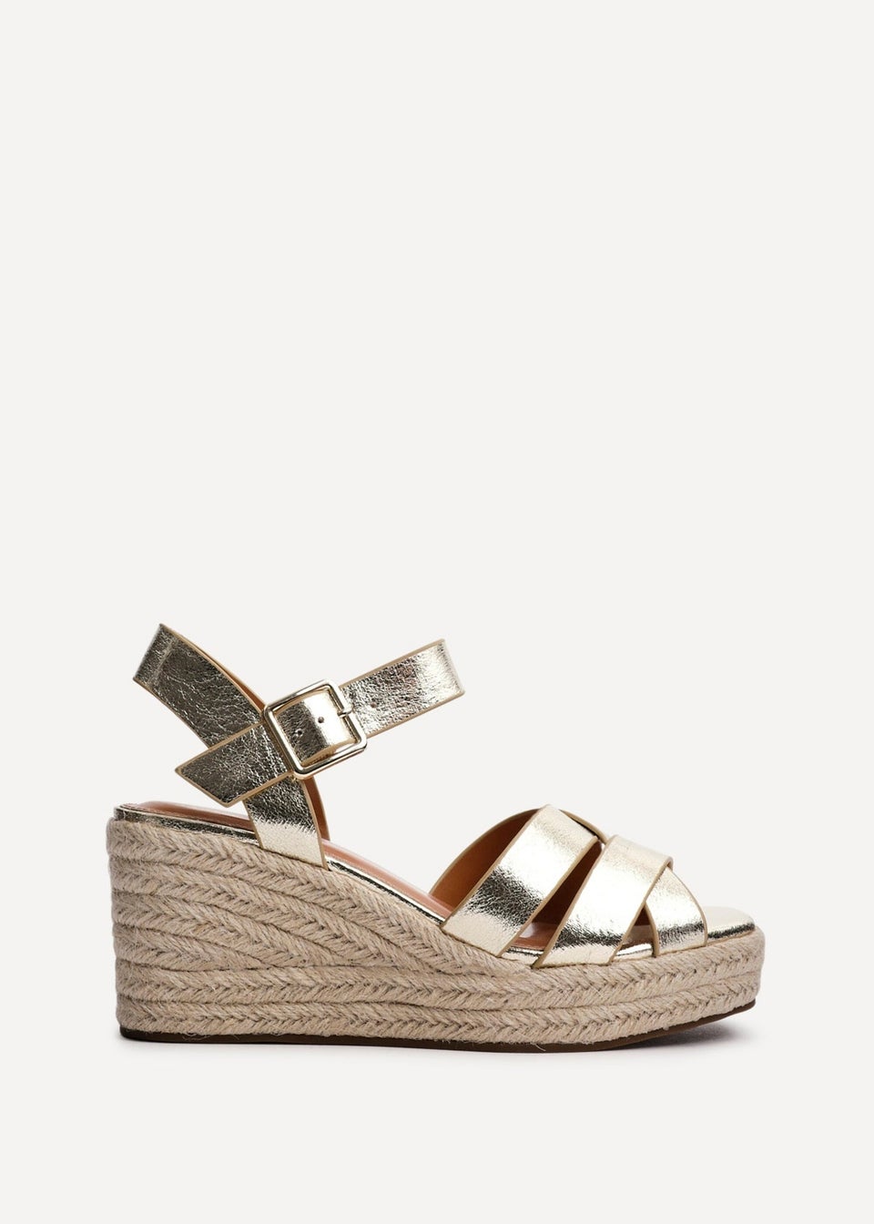 Linzi Sheena Gold Faux Leather Crossover Espadrille Platform Wedge