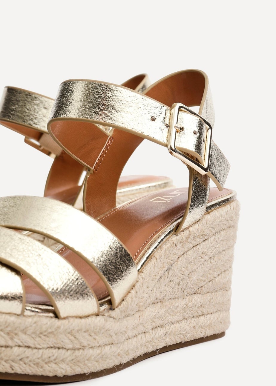 Linzi Sheena Gold Faux Leather Crossover Espadrille Platform Wedge