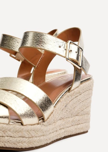 Linzi Sheena Gold Faux Leather Crossover Espadrille Platform Wedge