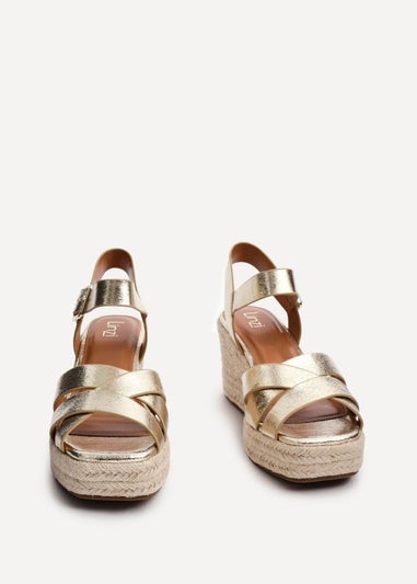 Linzi Sheena Gold Faux Leather Crossover Espadrille Platform Wedge