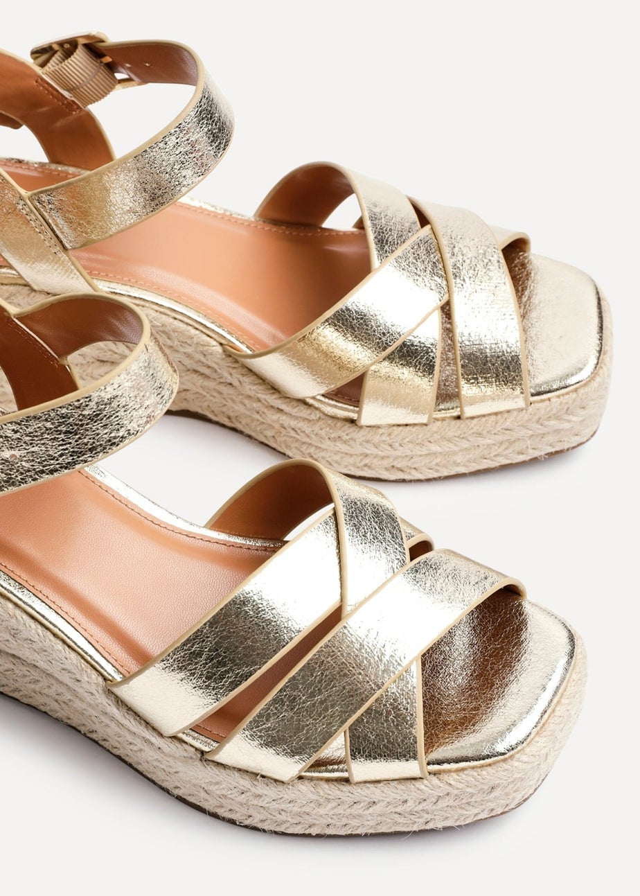 Linzi Sheena Gold Faux Leather Crossover Espadrille Platform Wedge