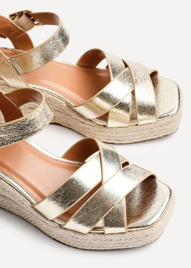 Linzi Sheena Gold Faux Leather Crossover Espadrille Platform Wedge