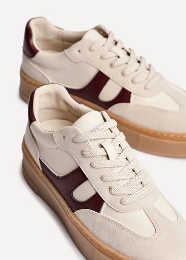 Linzi Kaia Sand & Burgundy Faux Leather Lace Up Flatform Trainers