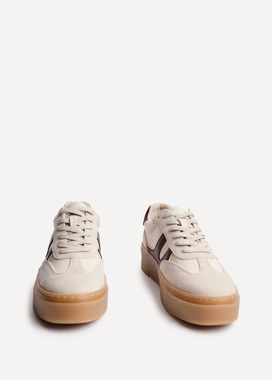 Linzi Kaia Sand & Burgundy Faux Leather Lace Up Flatform Trainers