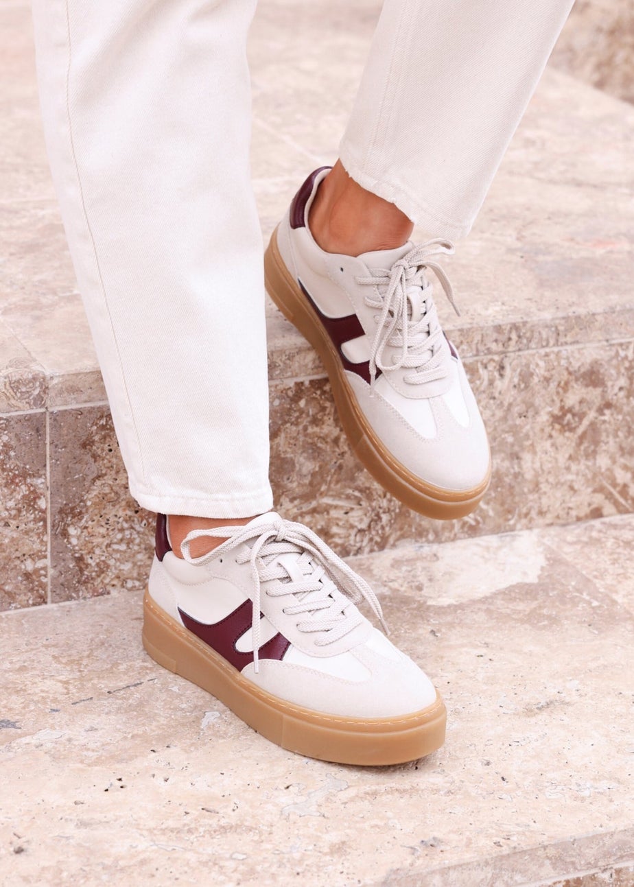 Linzi Kaia Sand & Burgundy Faux Leather Lace Up Flatform Trainers