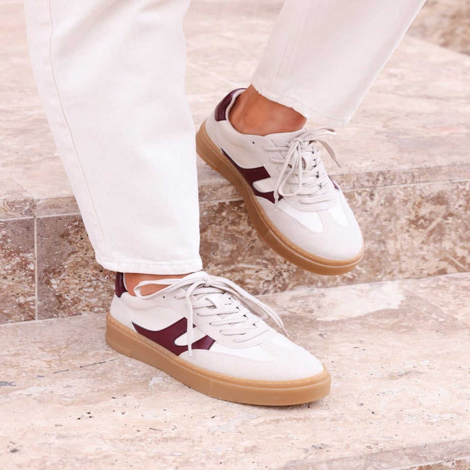 Linzi Kaia Sand & Burgundy Faux Leather Lace Up Flatform Trainers