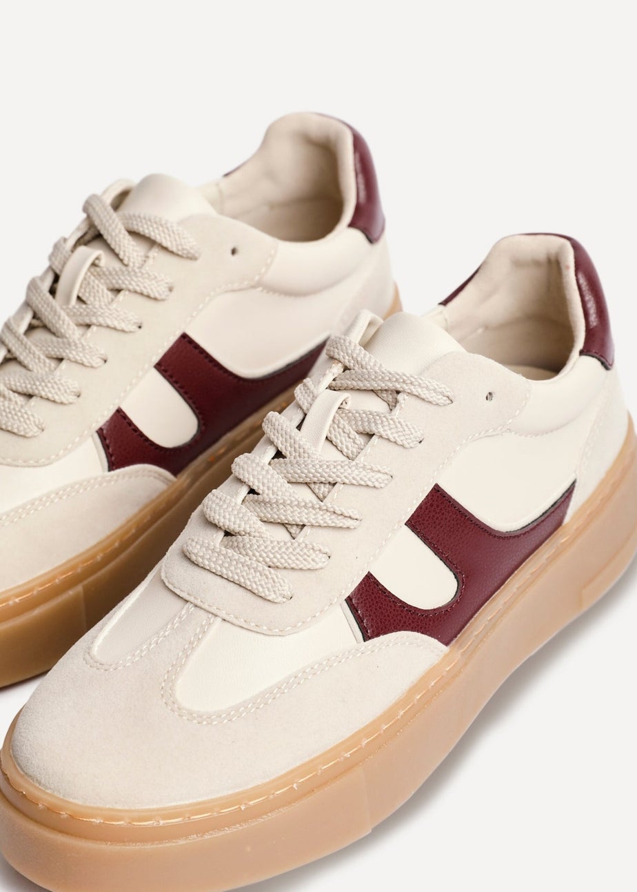 Linzi Kaia Sand & Burgundy Faux Leather Lace Up Flatform Trainers