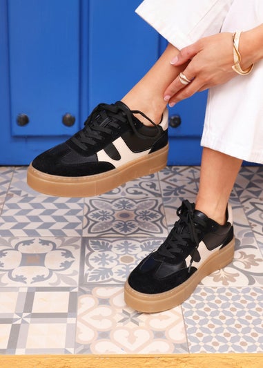 Linzi Kaia Black & Nude Faux Leather Lace Up Flatform Trainers
