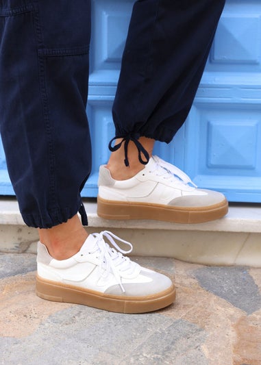 Linzi Kaia White & Grey Faux Leather Lace Up Flatform Trainers