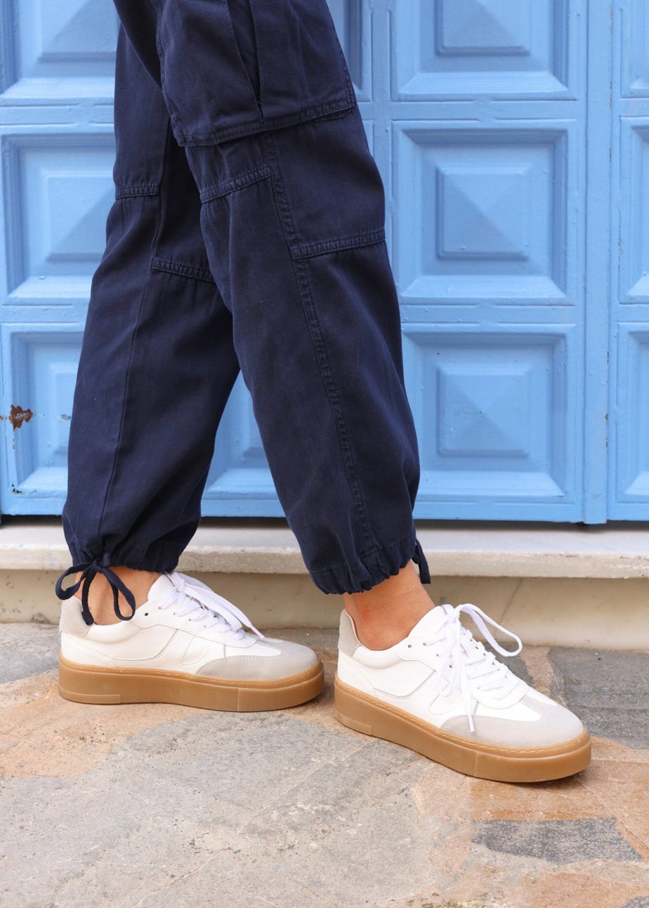 Linzi Kaia White & Grey Faux Leather Lace Up Flatform Trainers