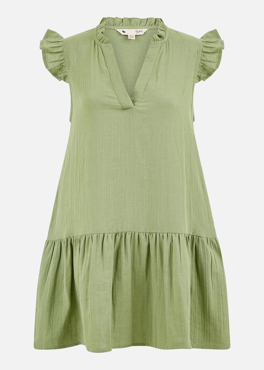 Yumi Green Double Cotton Tunic With Frill Sleeves