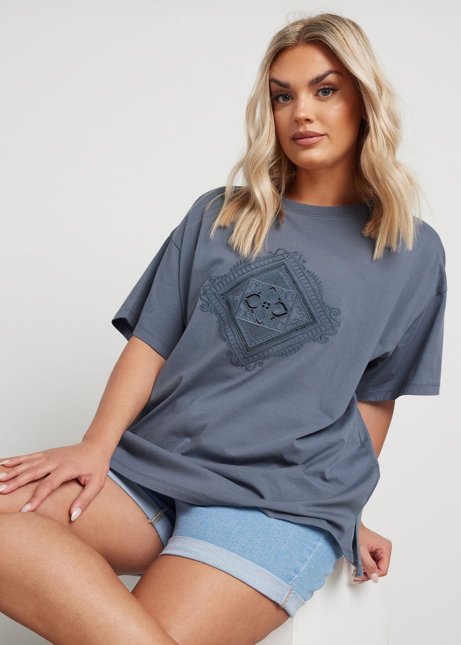 Yours Curve Grey Embroidered Boho Diamond Oversized T-Shirt
