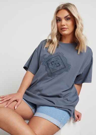 Yours Curve Grey Embroidered Boho Diamond Oversized T-Shirt