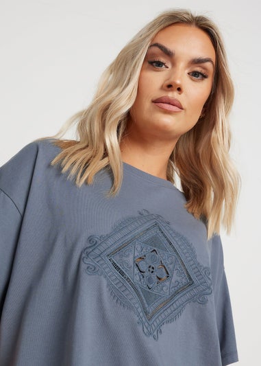Yours Curve Grey Embroidered Boho Diamond Oversized T-Shirt