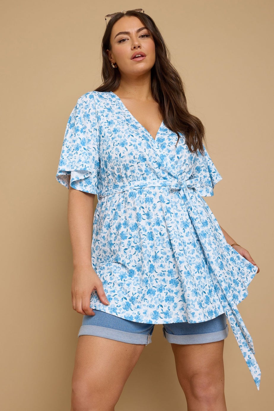 Yours Curve Blue Floral Print Ribbed Wrap Top