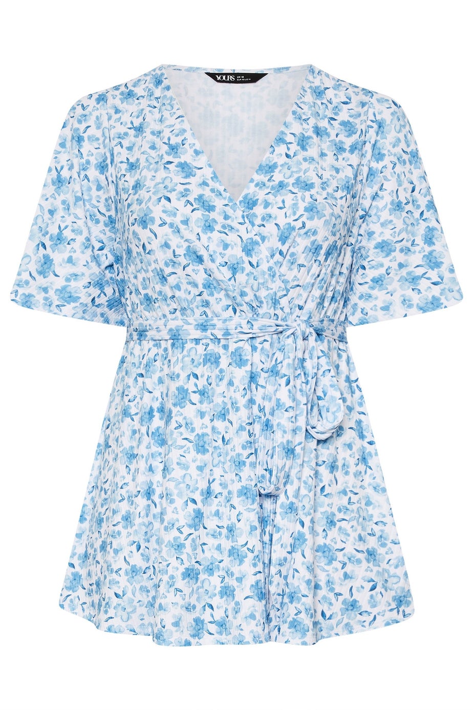 Yours Curve Blue Floral Print Ribbed Wrap Top