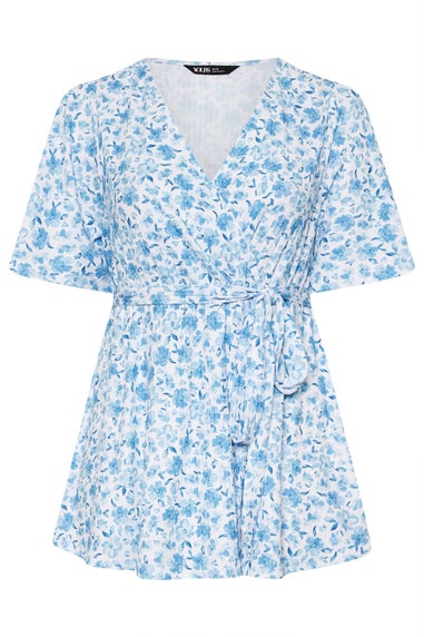 Yours Curve Blue Floral Print Ribbed Wrap Top
