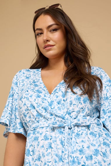 Yours Curve Blue Floral Print Ribbed Wrap Top