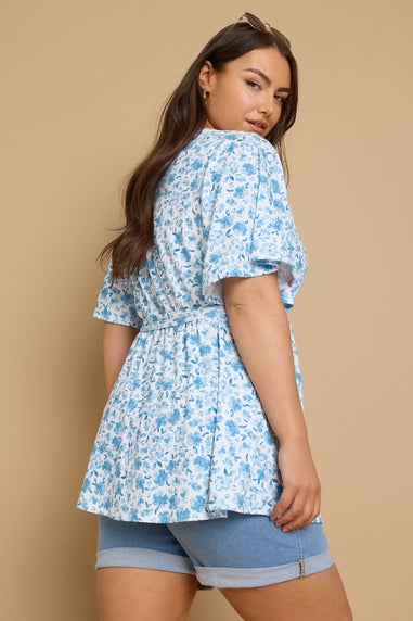 Yours Curve Blue Floral Print Ribbed Wrap Top