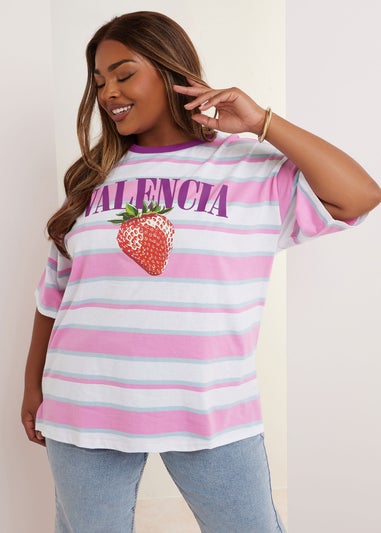 Yours Curve Pink 'Valencia' Slogan Stripe T-Shirt