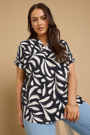 Yours Curve Navy Blue Textured Leaf Print Notch Neck Top