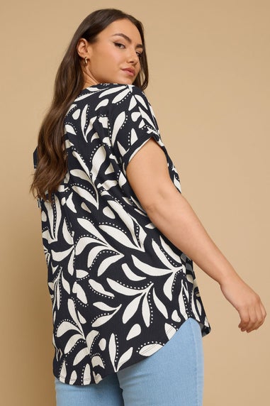 Yours Curve Navy Blue Textured Leaf Print Notch Neck Top