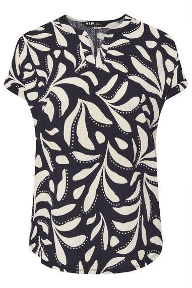 Yours Curve Navy Blue Textured Leaf Print Notch Neck Top