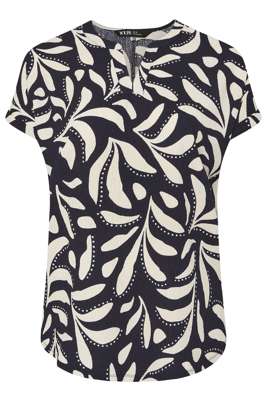 Yours Curve Navy Blue Textured Leaf Print Notch Neck Top