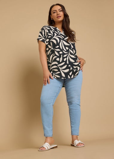 Yours Curve Navy Blue Textured Leaf Print Notch Neck Top