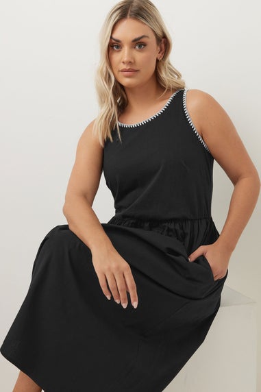 Yours Curve Black Contrast Blanket Stitch Midi Dress