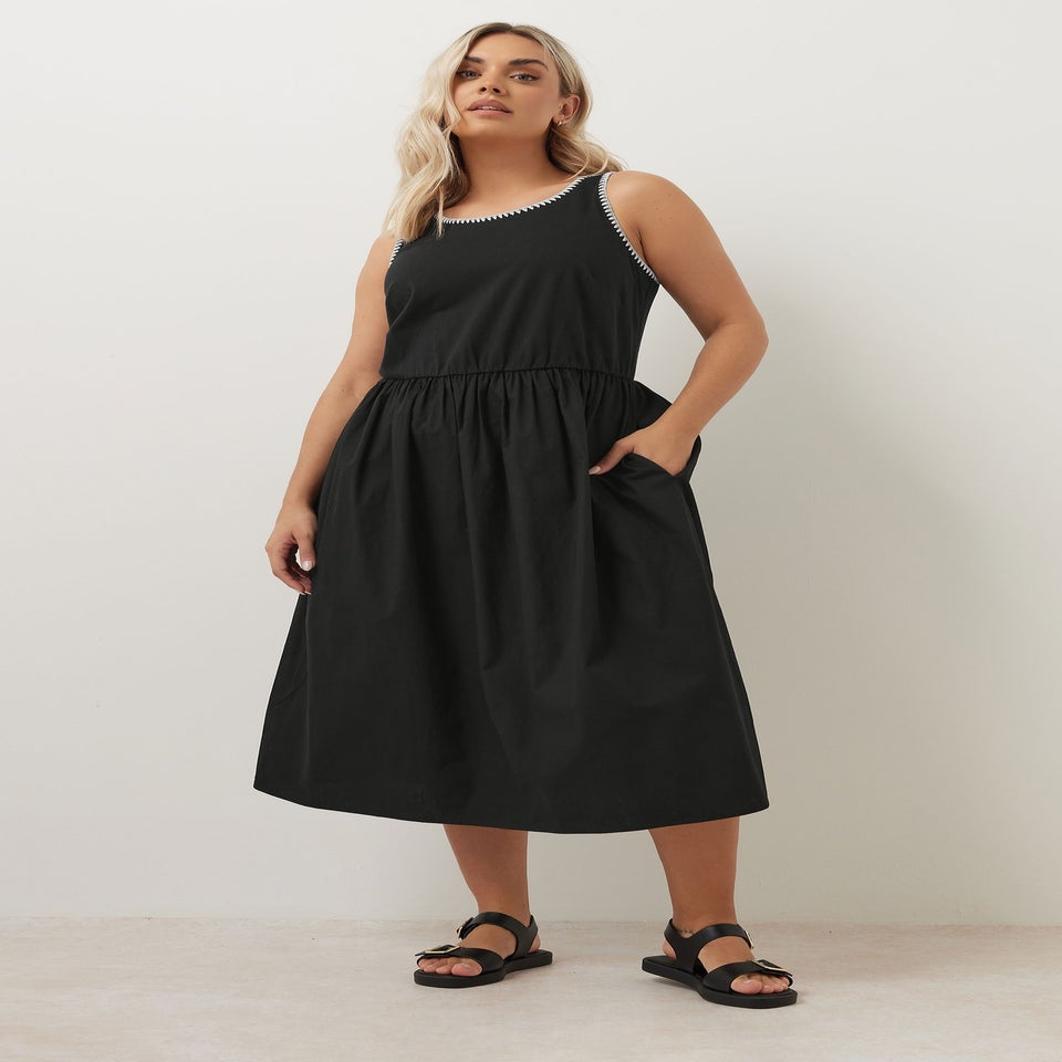 Yours Curve Black Contrast Blanket Stitch Midi Dress