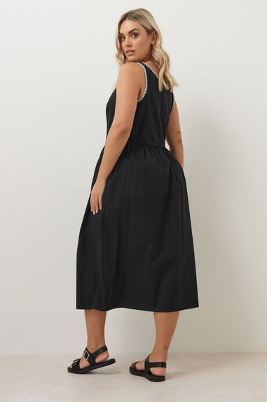 Yours Curve Black Contrast Blanket Stitch Midi Dress