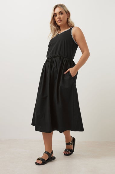 Yours Curve Black Contrast Blanket Stitch Midi Dress