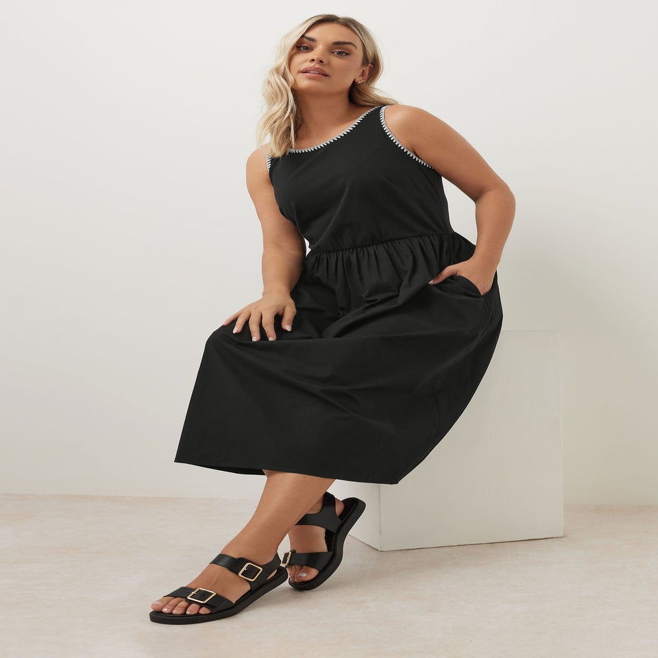 Yours Curve Black Contrast Blanket Stitch Midi Dress