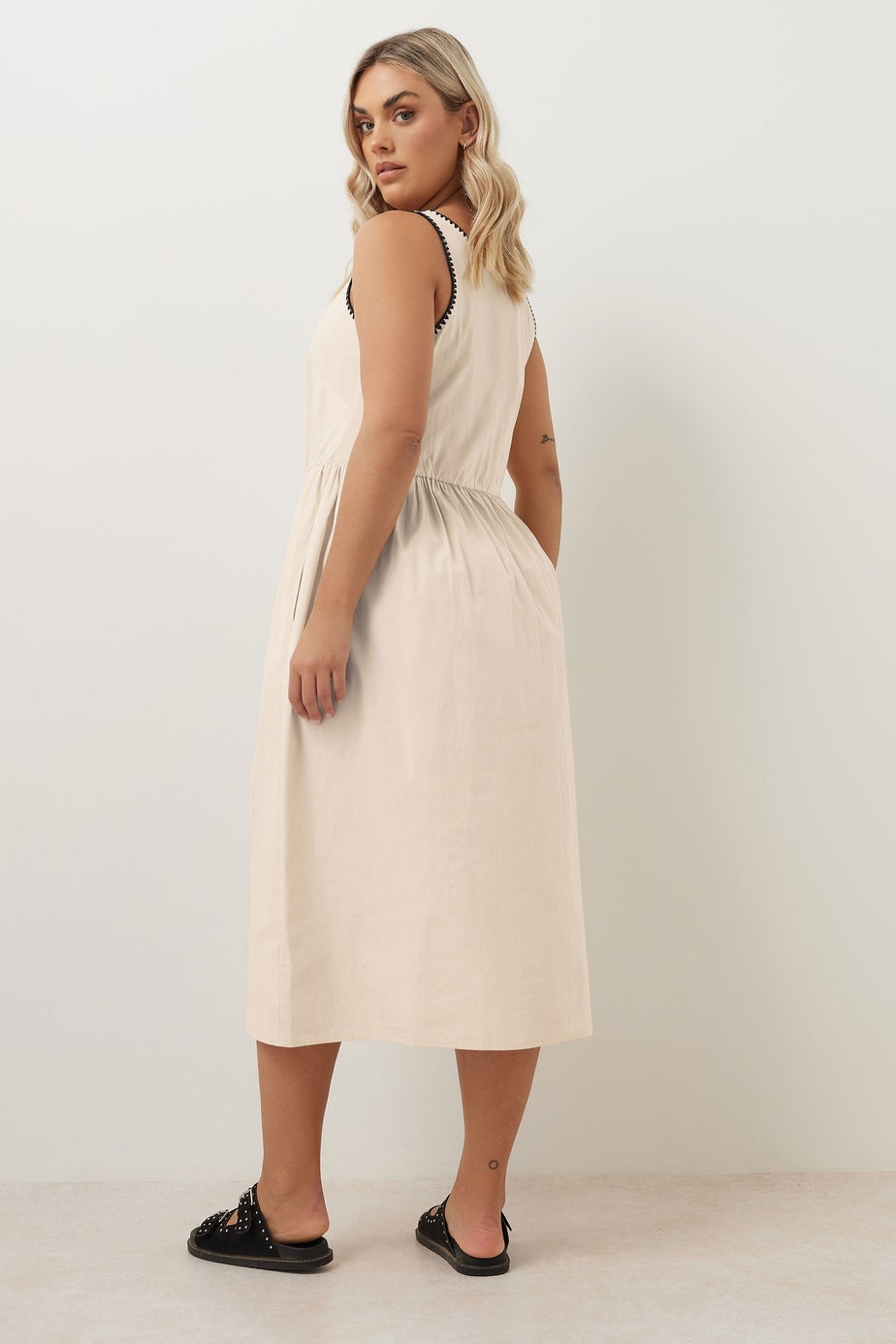 Yours Curve Natural Brown Contrast Blanket Stitch Midi Dress