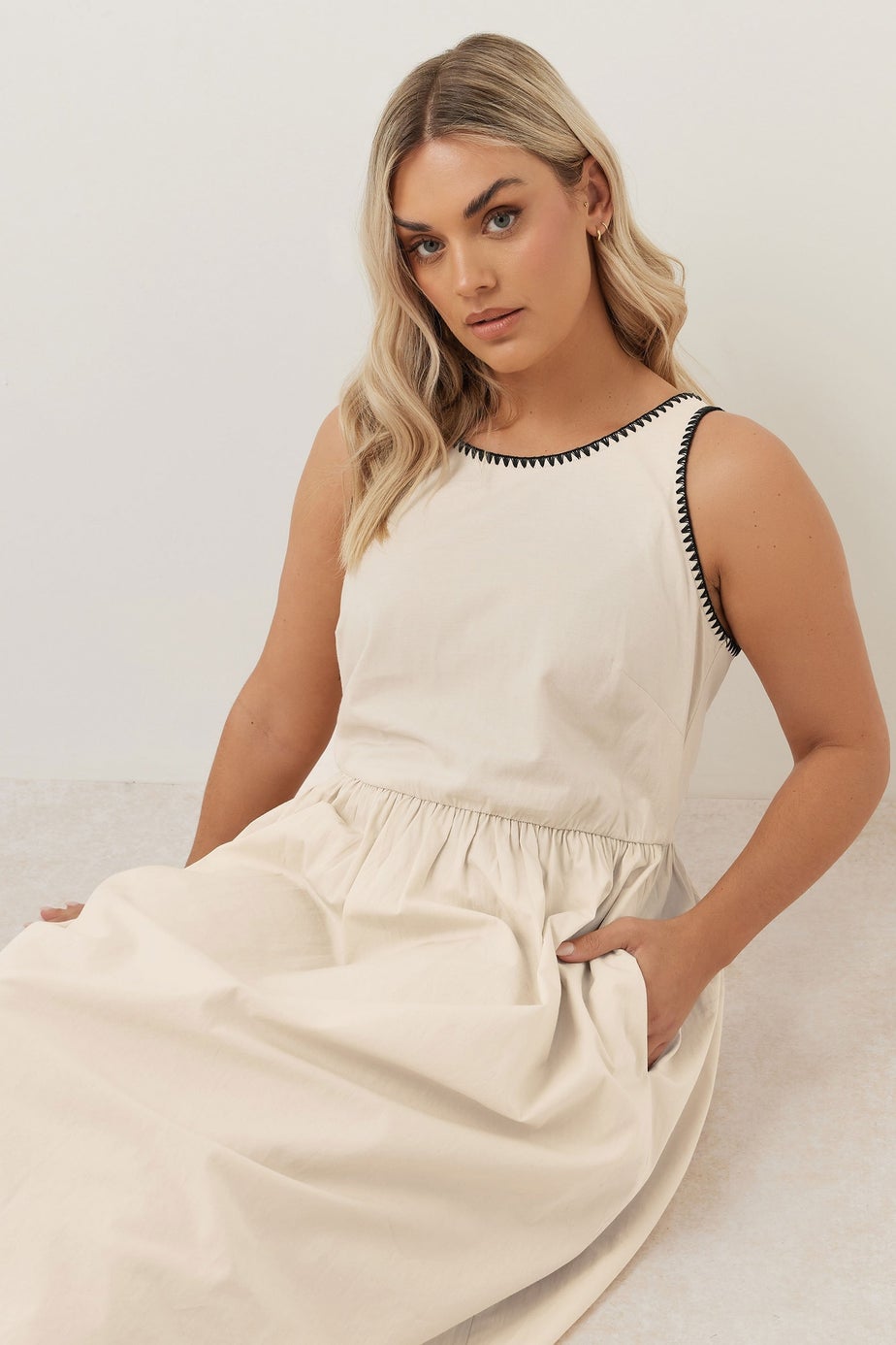 Yours Curve Natural Brown Contrast Blanket Stitch Midi Dress