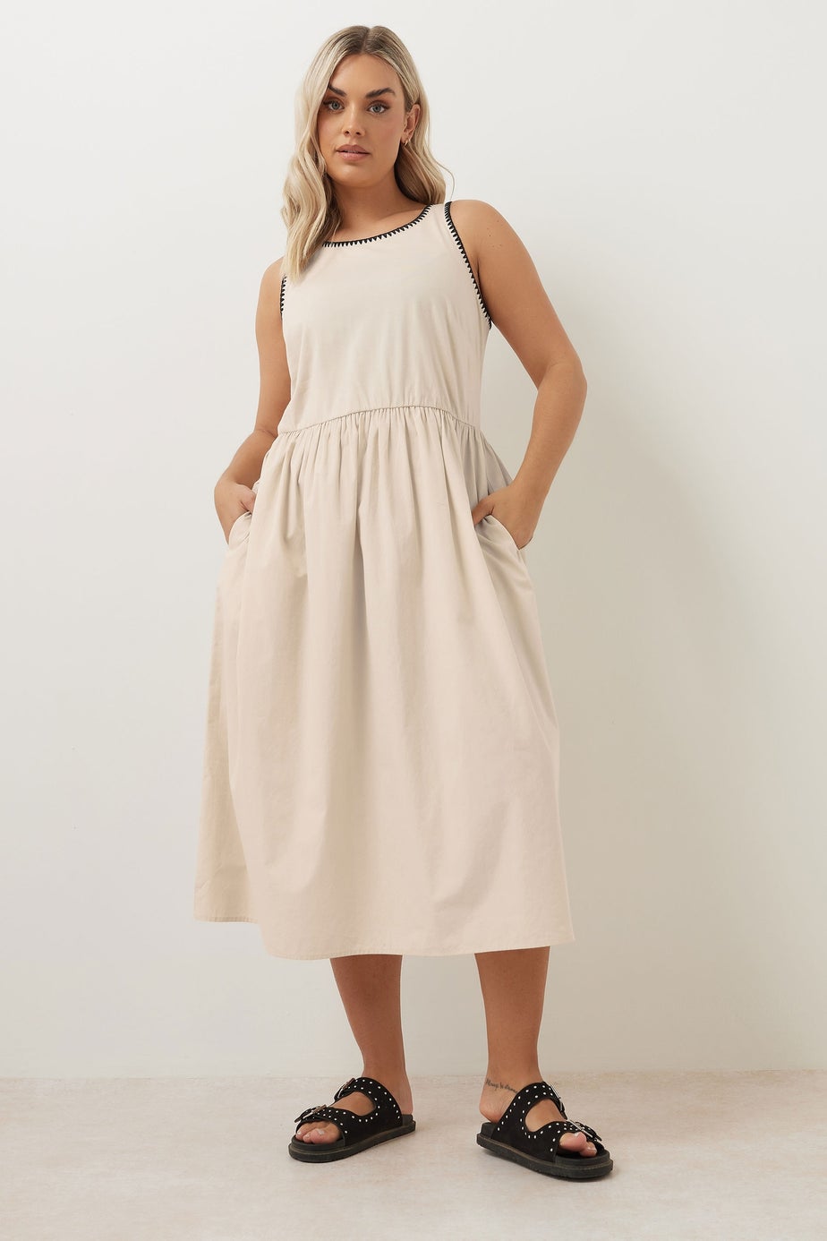 Yours Curve Natural Brown Contrast Blanket Stitch Midi Dress
