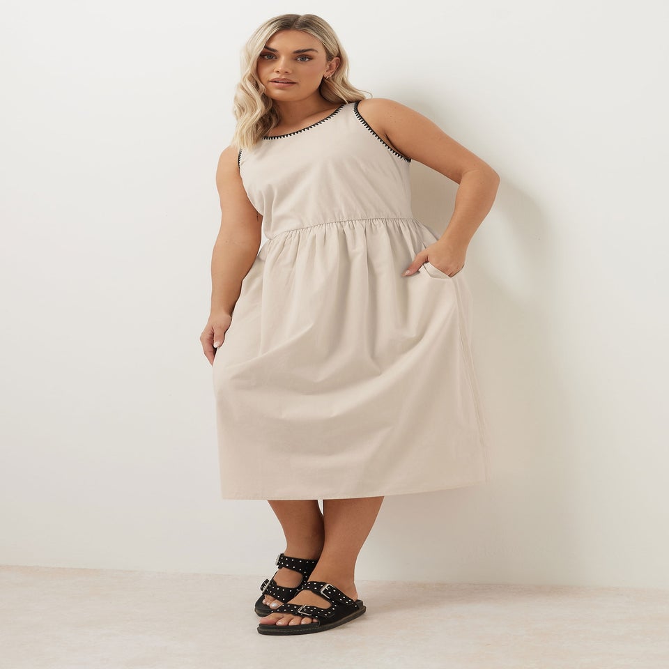 Yours Curve Natural Brown Contrast Blanket Stitch Midi Dress