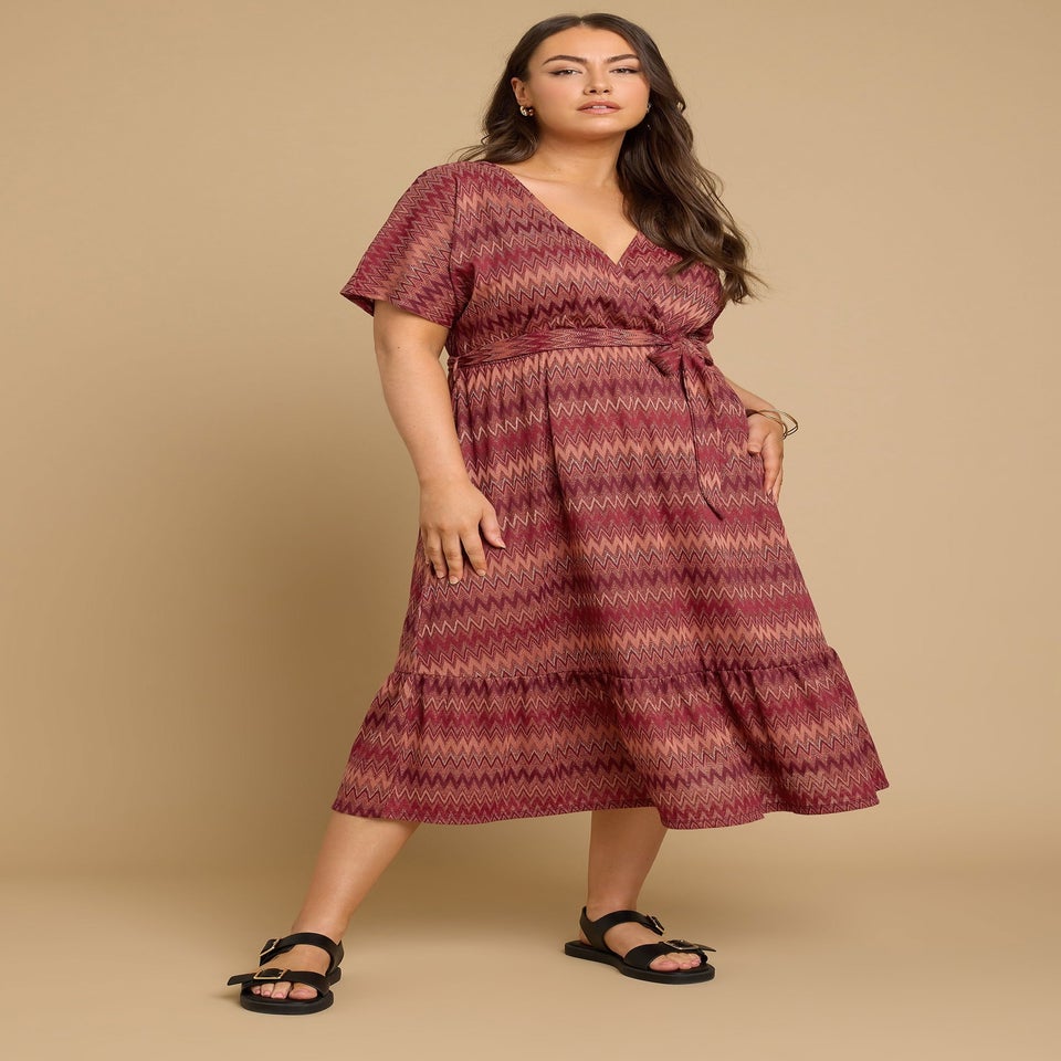 Yours Curve Rust Orange Zig Zag Metallic Wrap Dress