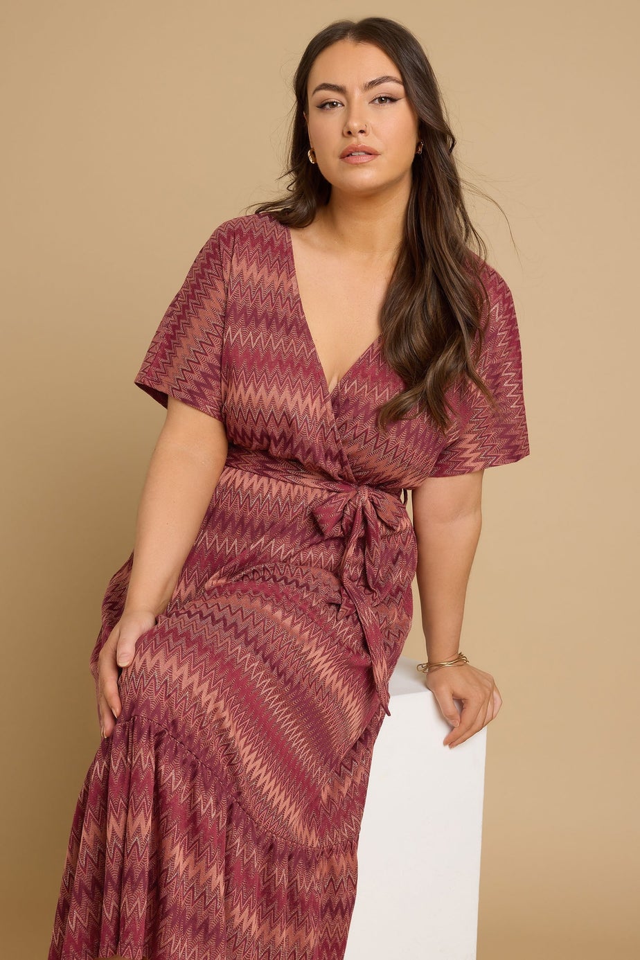 Yours Curve Rust Orange Zig Zag Metallic Wrap Dress