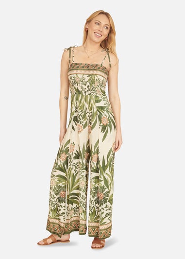 Yumi Green Palm Print Strappy Viscose Jumpsuit