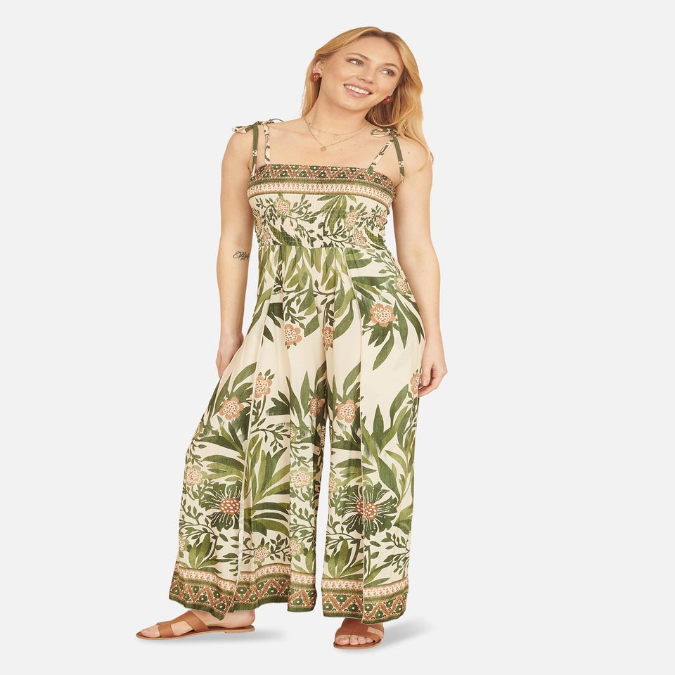 Yumi Green Palm Print Strappy Viscose Jumpsuit
