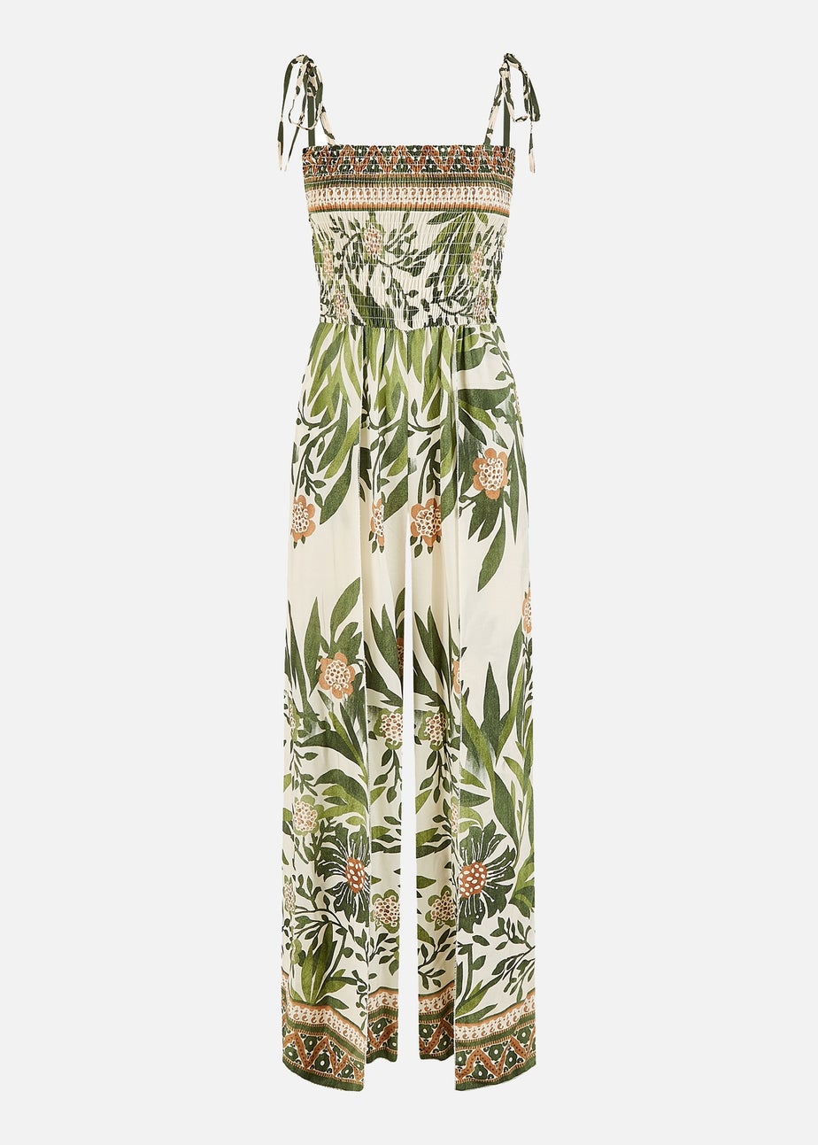 Yumi Green Palm Print Strappy Viscose Jumpsuit