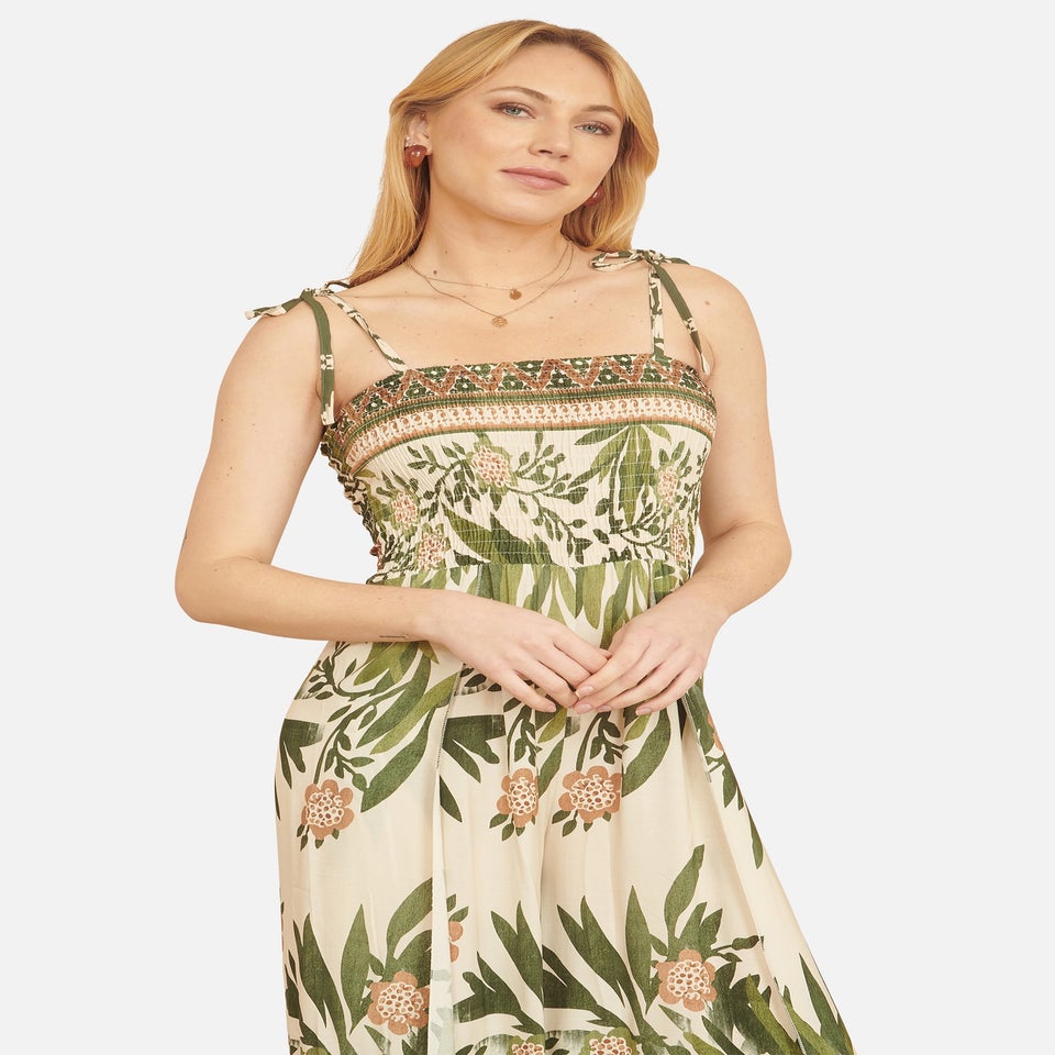 Yumi Green Palm Print Strappy Viscose Jumpsuit