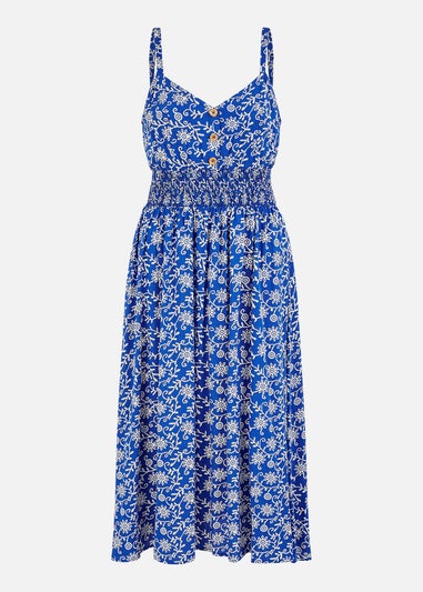 Yumi Blue Block Print Midi Sun Dress With Button Details