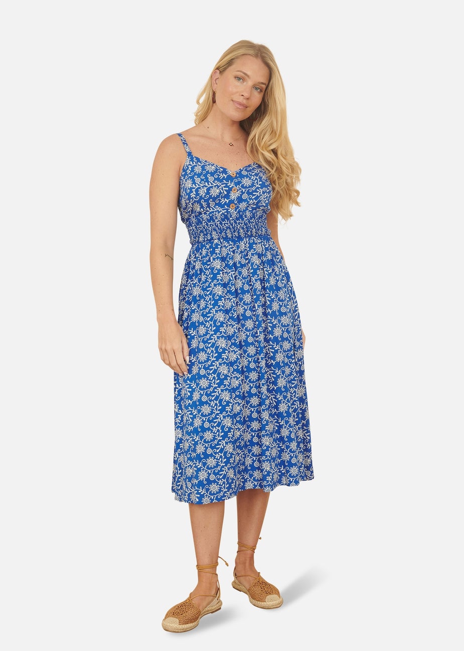 Yumi Blue Block Print Midi Sun Dress With Button Details