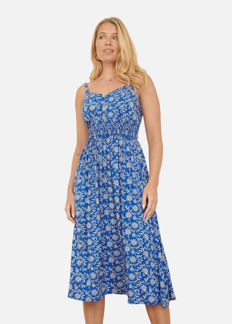 Yumi Blue Block Print Midi Sun Dress With Button Details