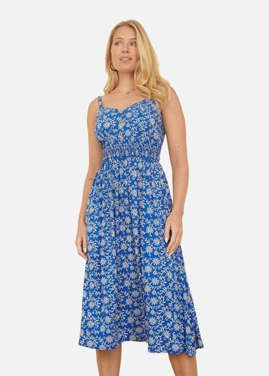 Yumi Blue Block Print Midi Sun Dress With Button Details