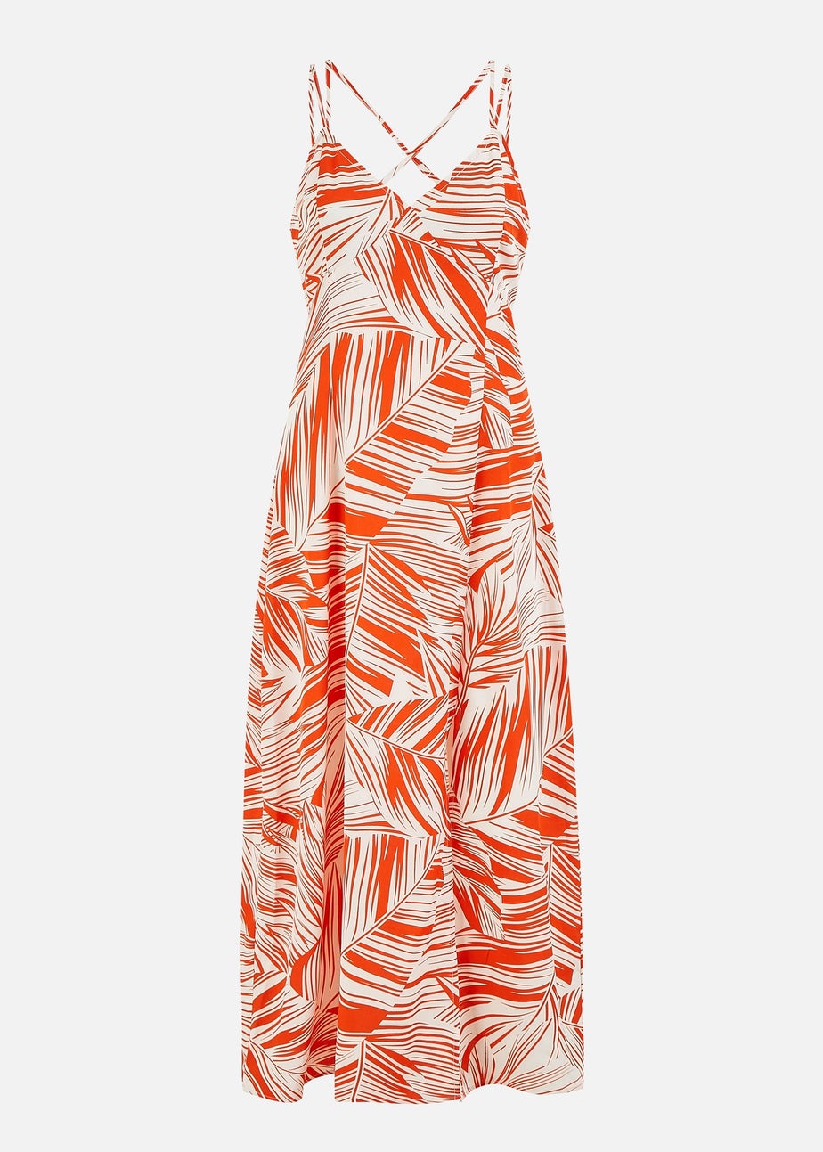 Yumi Orange Leaf Print Maxi Dress With Cross Back