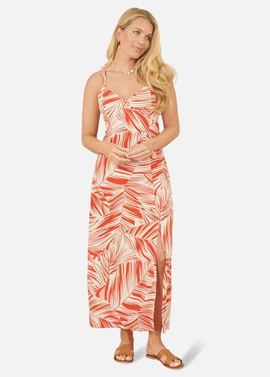 Yumi Orange Leaf Print Maxi Dress With Cross Back